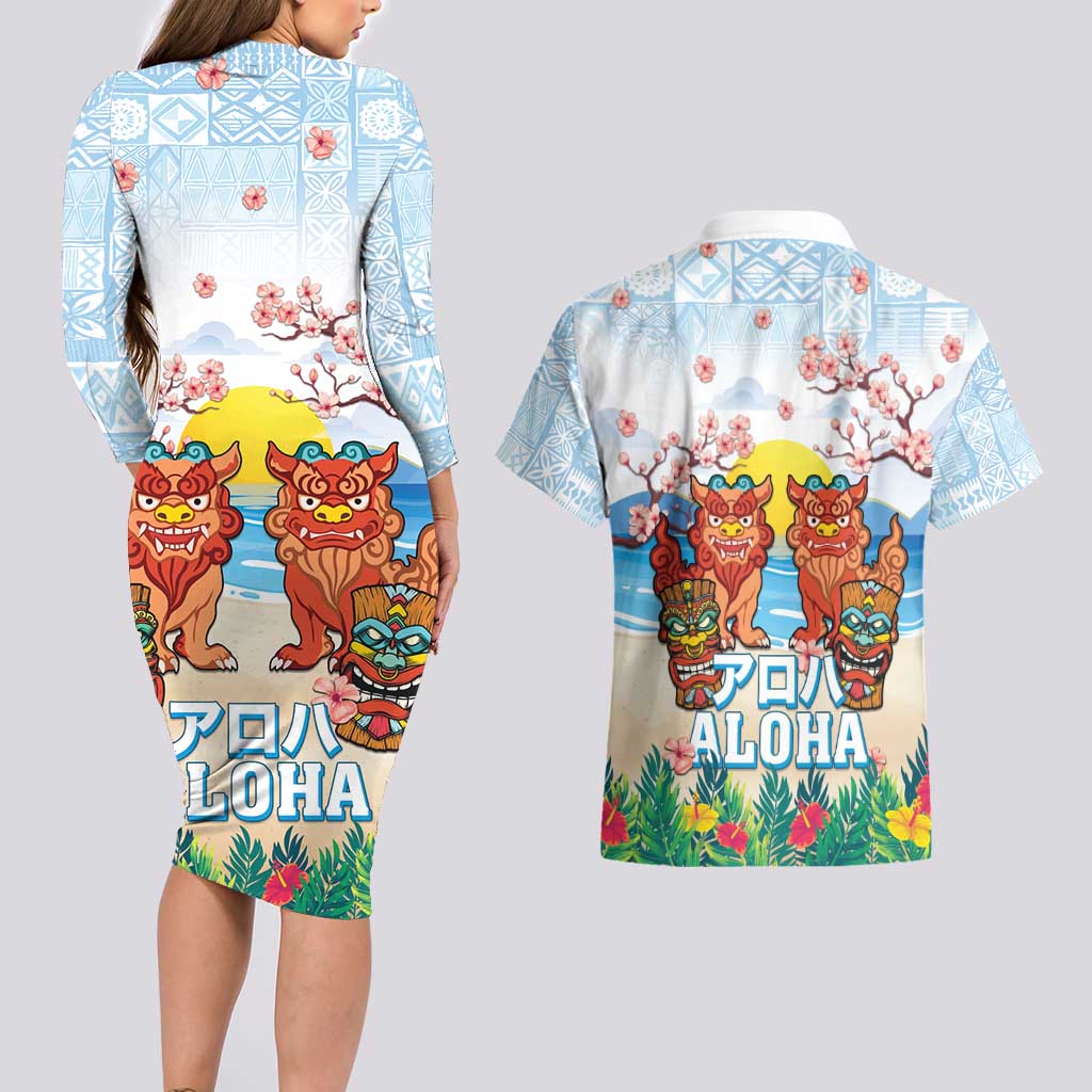 Hawaii And Japan Okinawa Couples Matching Long Sleeve Bodycon Dress and Hawaiian Shirt Aloha Gozaimasu Tiki With Shisa