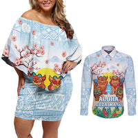 Hawaii And Japan Okinawa Couples Matching Off Shoulder Short Dress and Long Sleeve Button Shirt Aloha Gozaimasu Tiki With Shisa