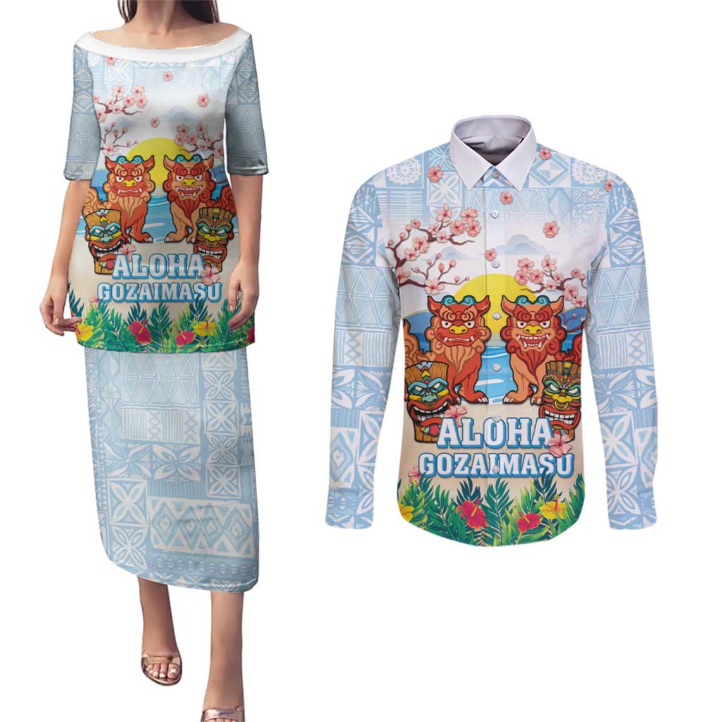 Hawaii And Japan Okinawa Couples Matching Puletasi and Long Sleeve Button Shirt Aloha Gozaimasu Tiki With Shisa