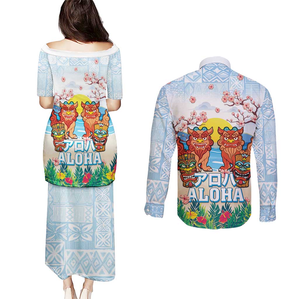 Hawaii And Japan Okinawa Couples Matching Puletasi and Long Sleeve Button Shirt Aloha Gozaimasu Tiki With Shisa