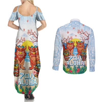 Hawaii And Japan Okinawa Couples Matching Summer Maxi Dress and Long Sleeve Button Shirt Aloha Gozaimasu Tiki With Shisa
