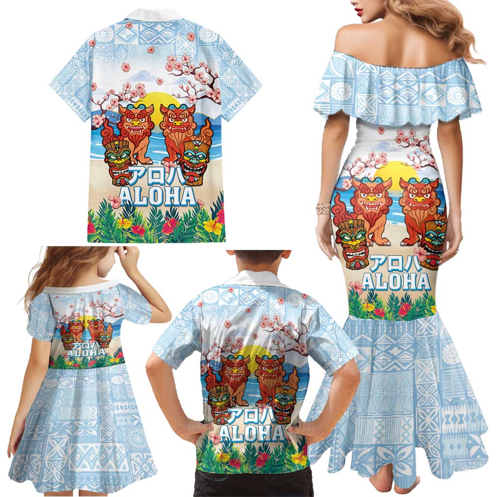 Hawaii And Japan Okinawa Family Matching Mermaid Dress and Hawaiian Shirt Aloha Gozaimasu Tiki With Shisa