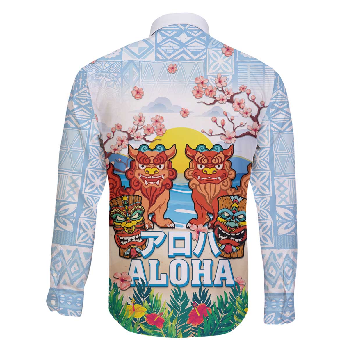 Hawaii And Japan Okinawa Family Matching Off The Shoulder Long Sleeve Dress and Hawaiian Shirt Aloha Gozaimasu Tiki With Shisa