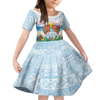 Hawaii And Japan Okinawa Family Matching Puletasi and Hawaiian Shirt Aloha Gozaimasu Tiki With Shisa LT05 Daughter's Dress Blue - Polynesian Pride