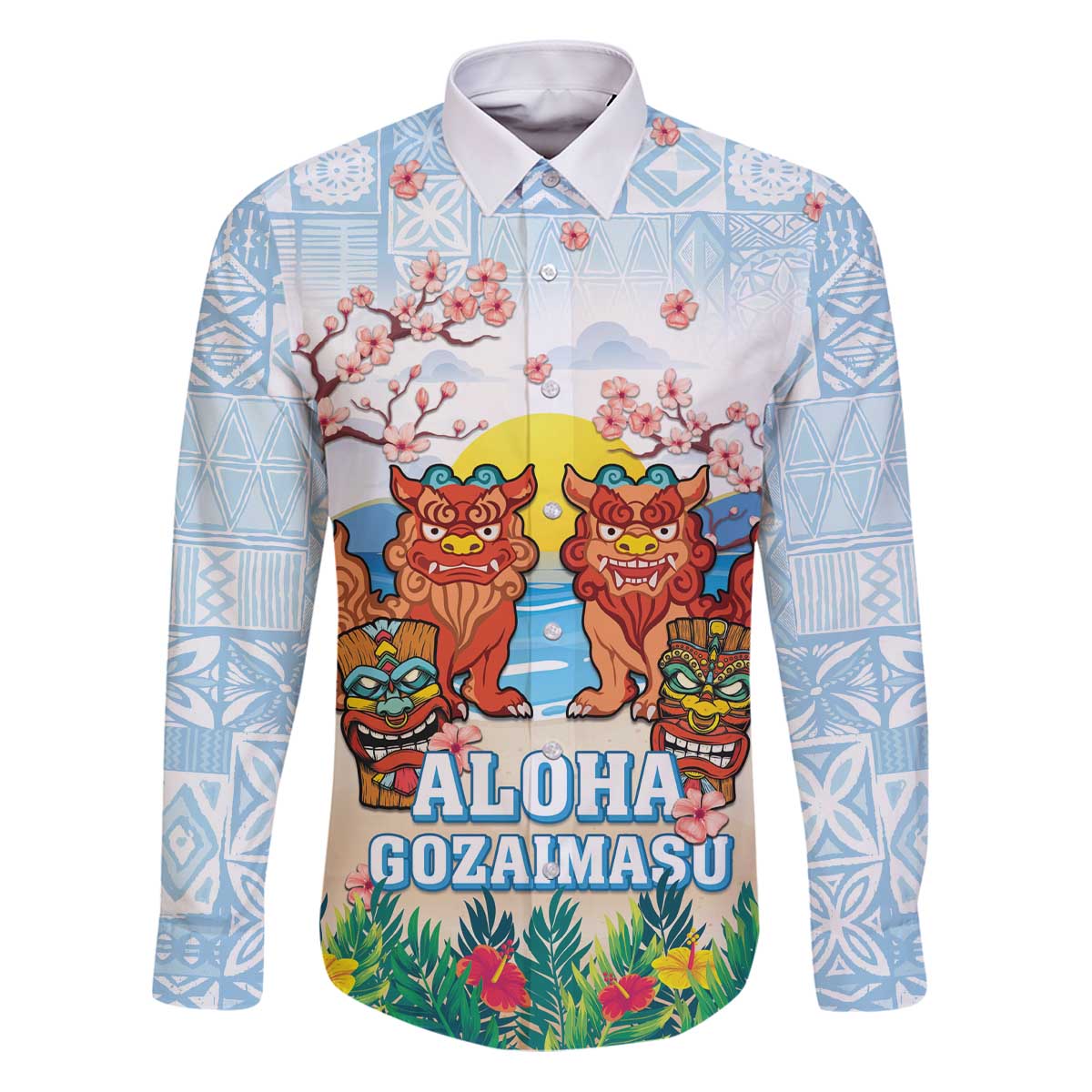 Hawaii And Japan Okinawa Family Matching Puletasi and Hawaiian Shirt Aloha Gozaimasu Tiki With Shisa LT05 Dad's Shirt - Long Sleeve Blue - Polynesian Pride