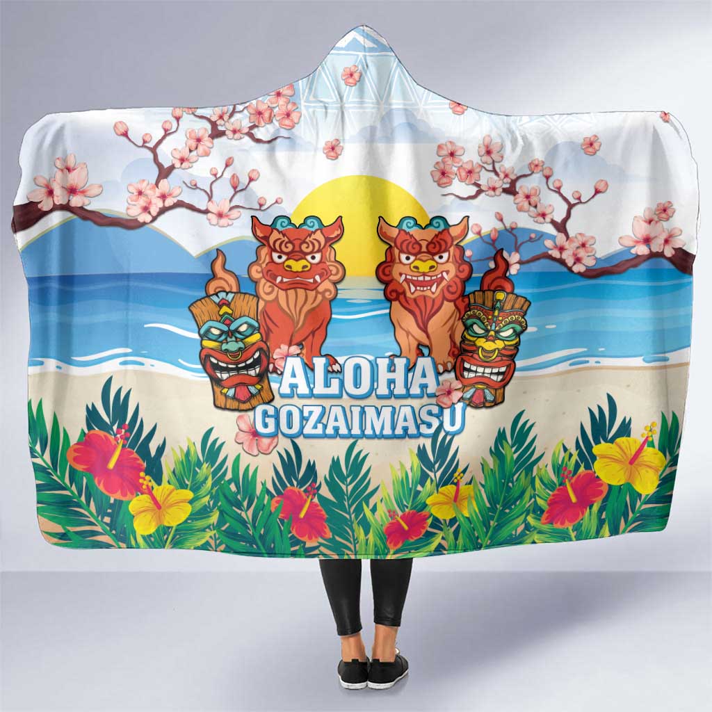 Hawaii And Japan Okinawa Hooded Blanket Aloha Gozaimasu Tiki With Shisa