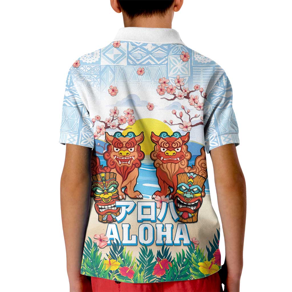 Hawaii And Japan Okinawa Kid Polo Shirt Aloha Gozaimasu Tiki With Shisa