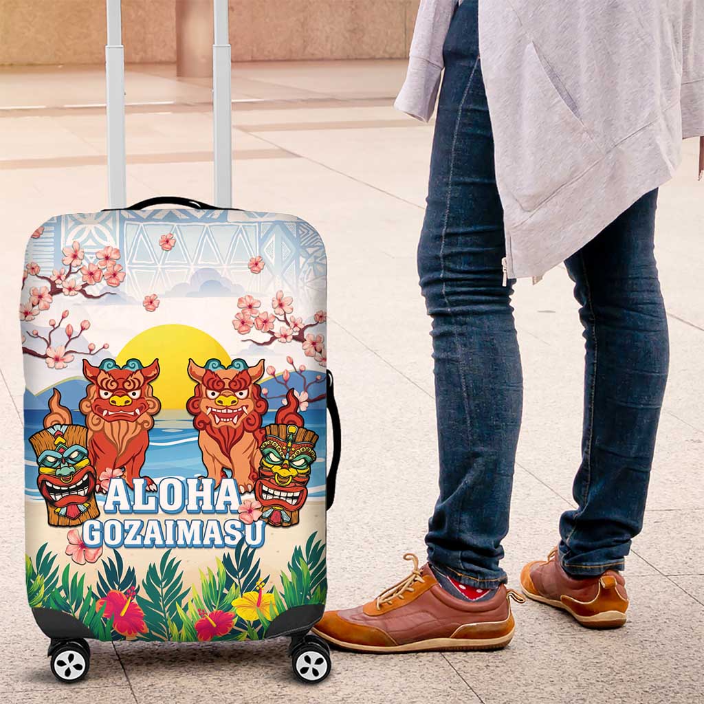 Hawaii And Japan Okinawa Luggage Cover Aloha Gozaimasu Tiki With Shisa