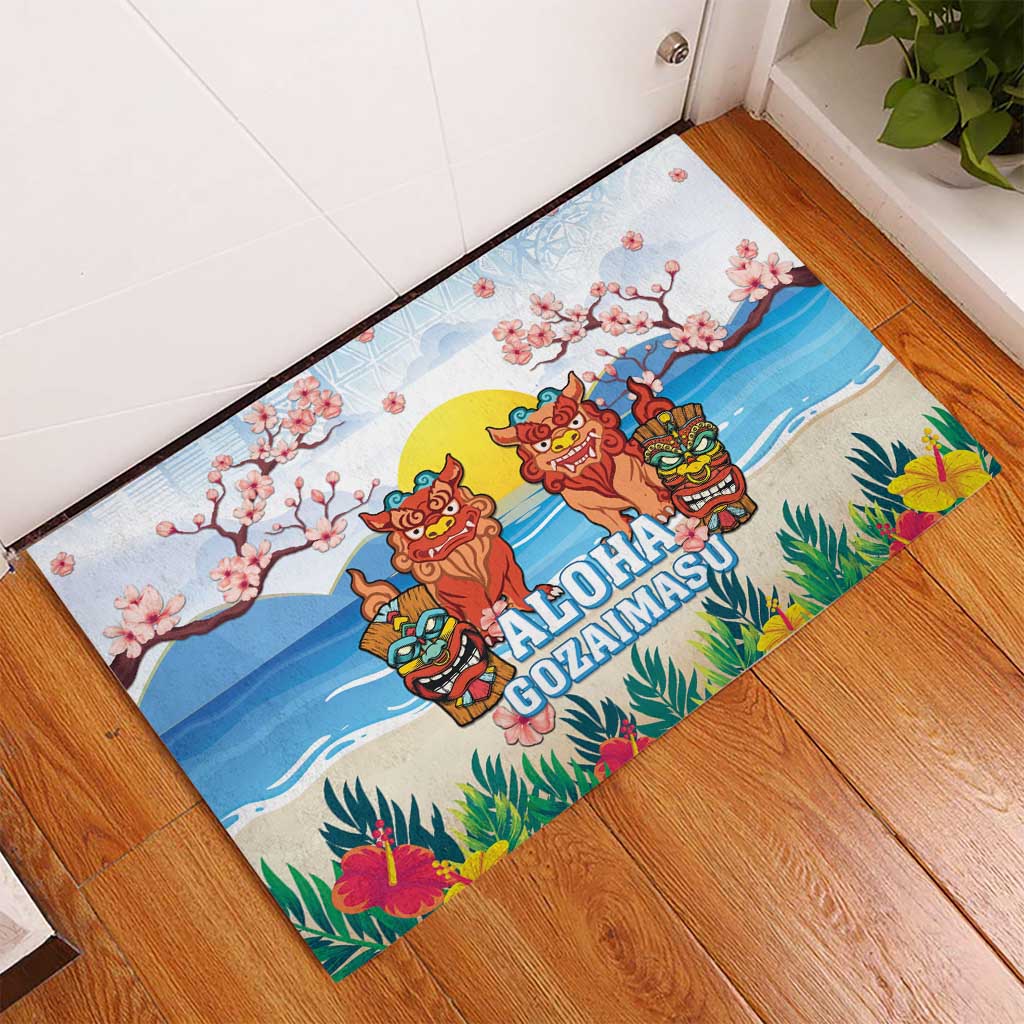Hawaii And Japan Okinawa Rubber Doormat Aloha Gozaimasu Tiki With Shisa
