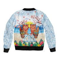 Hawaii And Japan Okinawa Sleeve Zip Bomber Jacket Aloha Gozaimasu Tiki With Shisa
