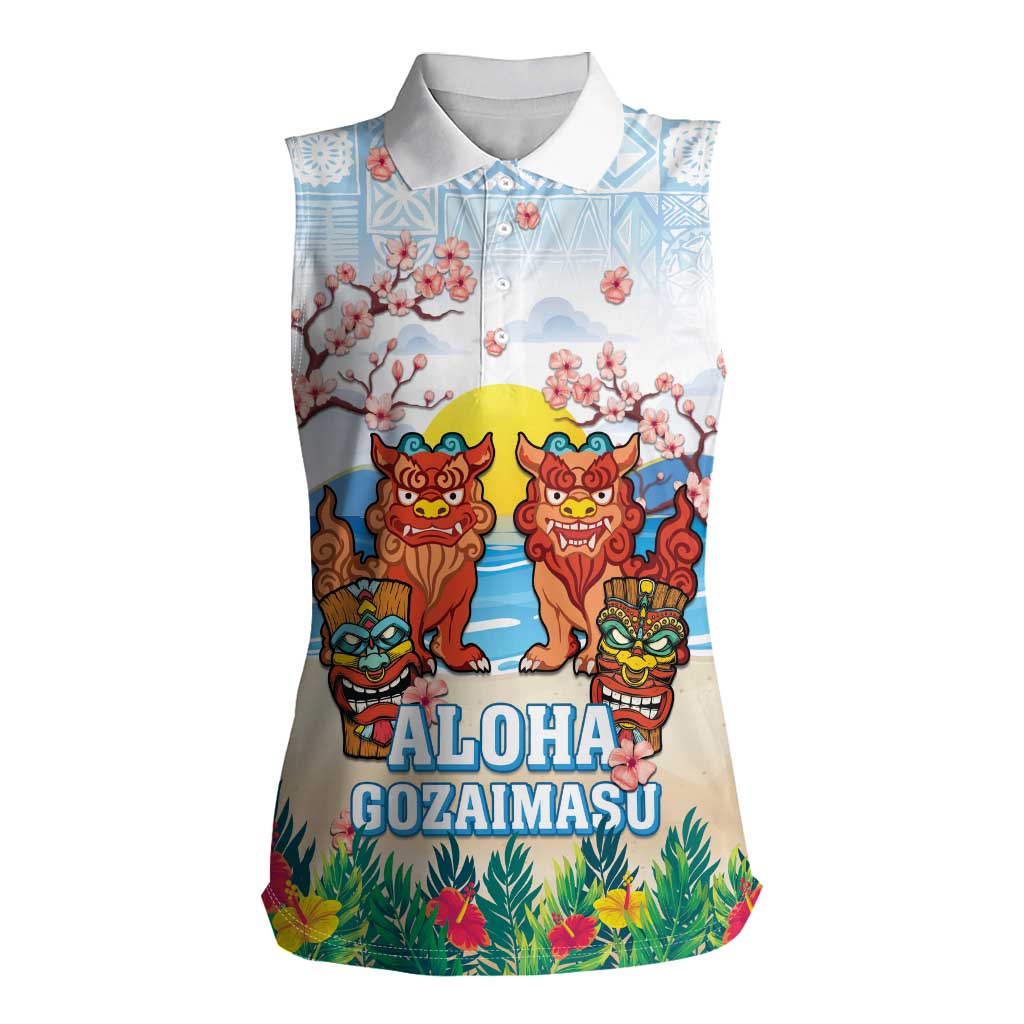 Hawaii And Japan Okinawa Women Sleeveless Polo Shirt Aloha Gozaimasu Tiki With Shisa