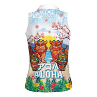 Hawaii And Japan Okinawa Women Sleeveless Polo Shirt Aloha Gozaimasu Tiki With Shisa