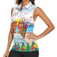 Hawaii And Japan Okinawa Women Sleeveless Polo Shirt Aloha Gozaimasu Tiki With Shisa