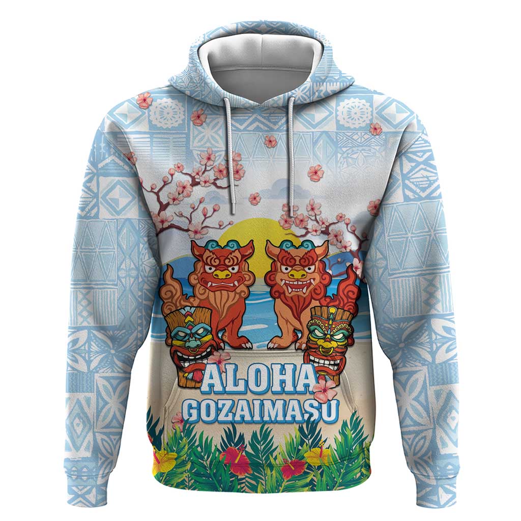 Hawaii And Japan Okinawa Zip Hoodie Aloha Gozaimasu Tiki With Shisa