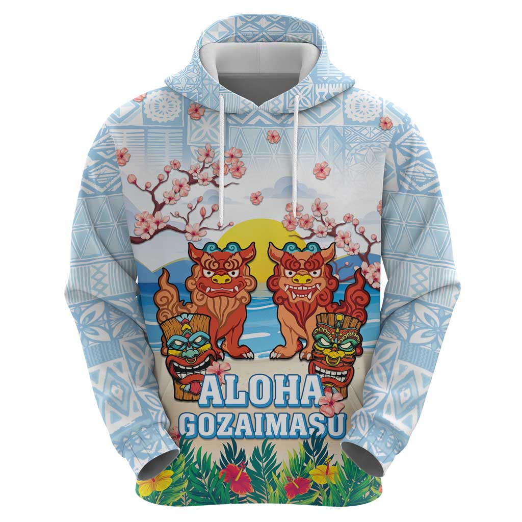 Hawaii And Japan Okinawa Zip Hoodie Aloha Gozaimasu Tiki With Shisa