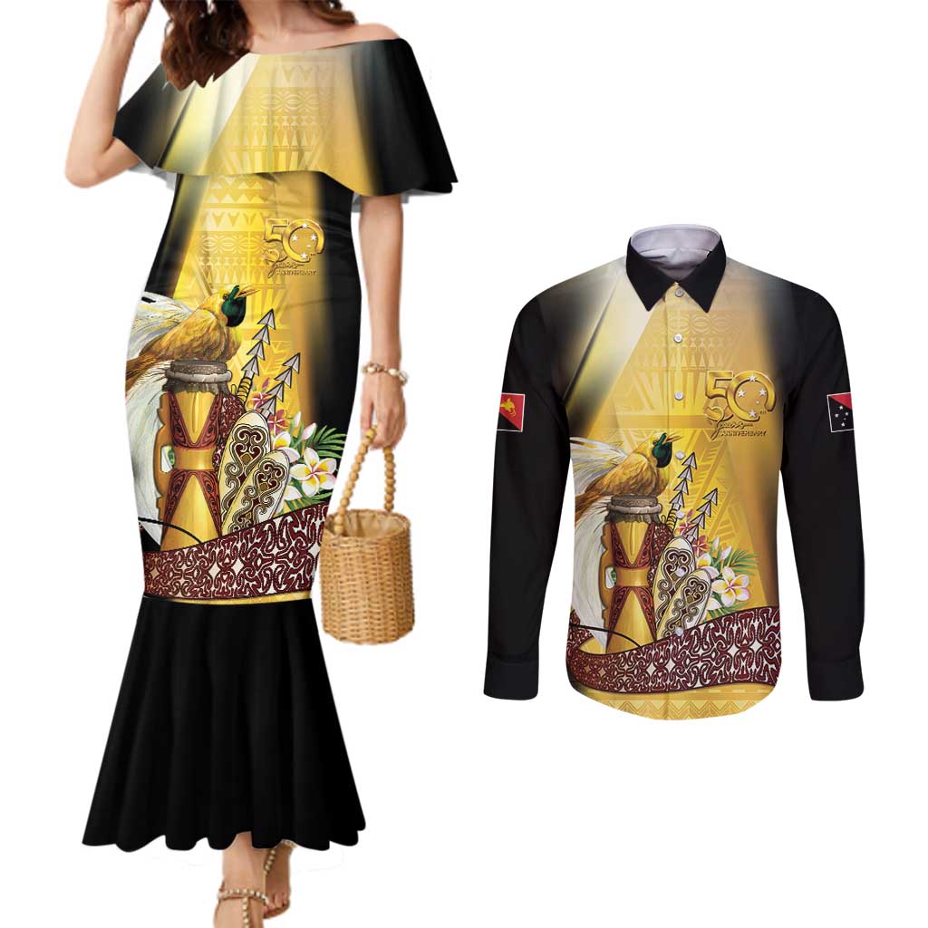 Papua New Guinea Couples Matching Mermaid Dress and Long Sleeve Button Shirt 50 Years Of Independence - Polynesian Pride