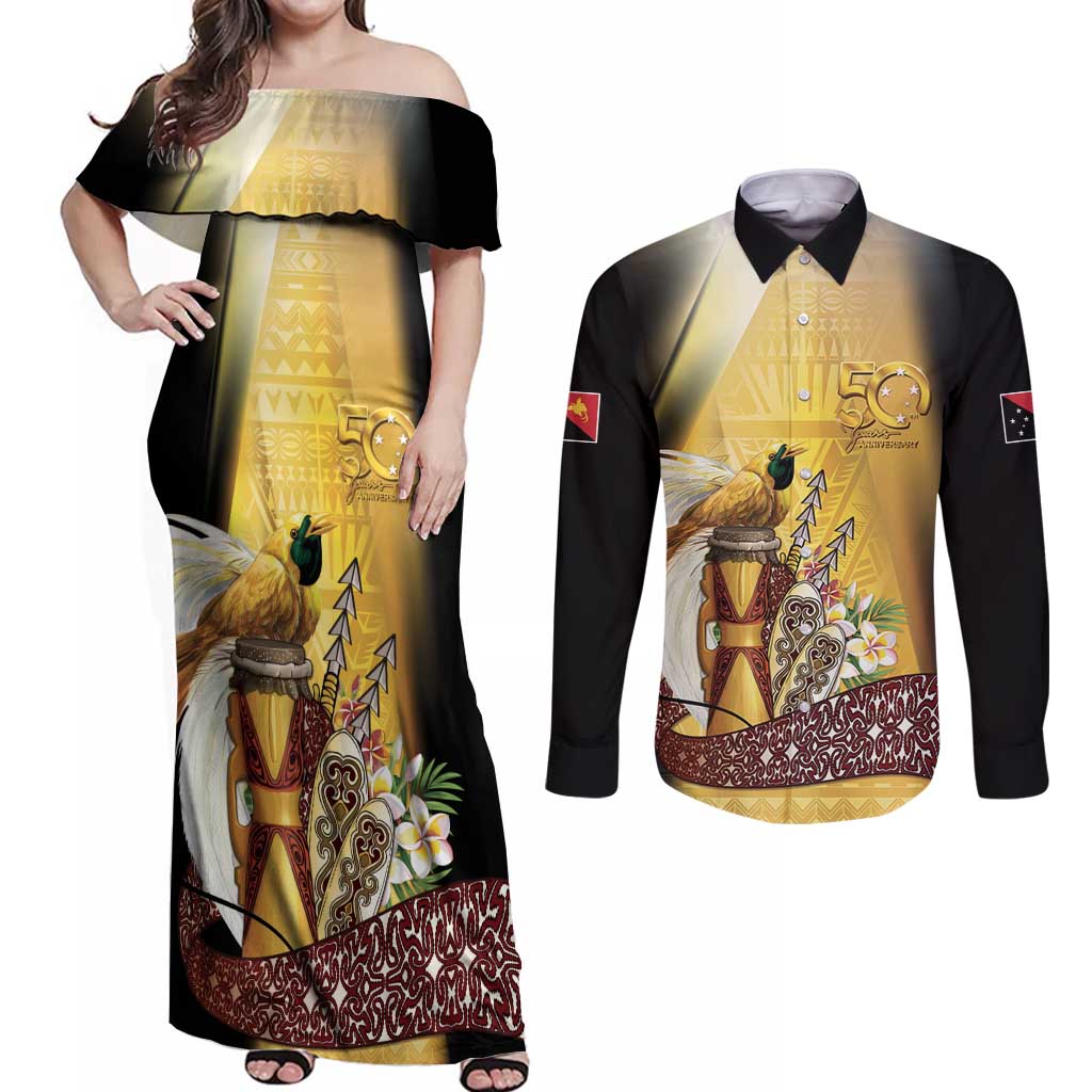 Papua New Guinea Couples Matching Off Shoulder Maxi Dress and Long Sleeve Button Shirt 50 Years Of Independence - Polynesian Pride