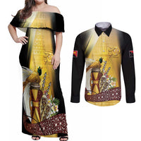 Papua New Guinea Couples Matching Off Shoulder Maxi Dress and Long Sleeve Button Shirt 50 Years Of Independence - Polynesian Pride