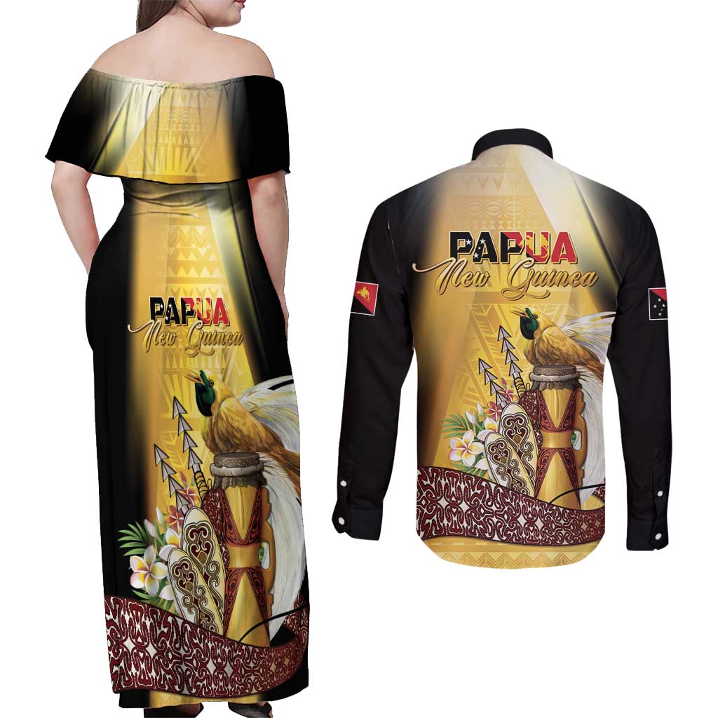 Papua New Guinea Couples Matching Off Shoulder Maxi Dress and Long Sleeve Button Shirt 50 Years Of Independence - Polynesian Pride