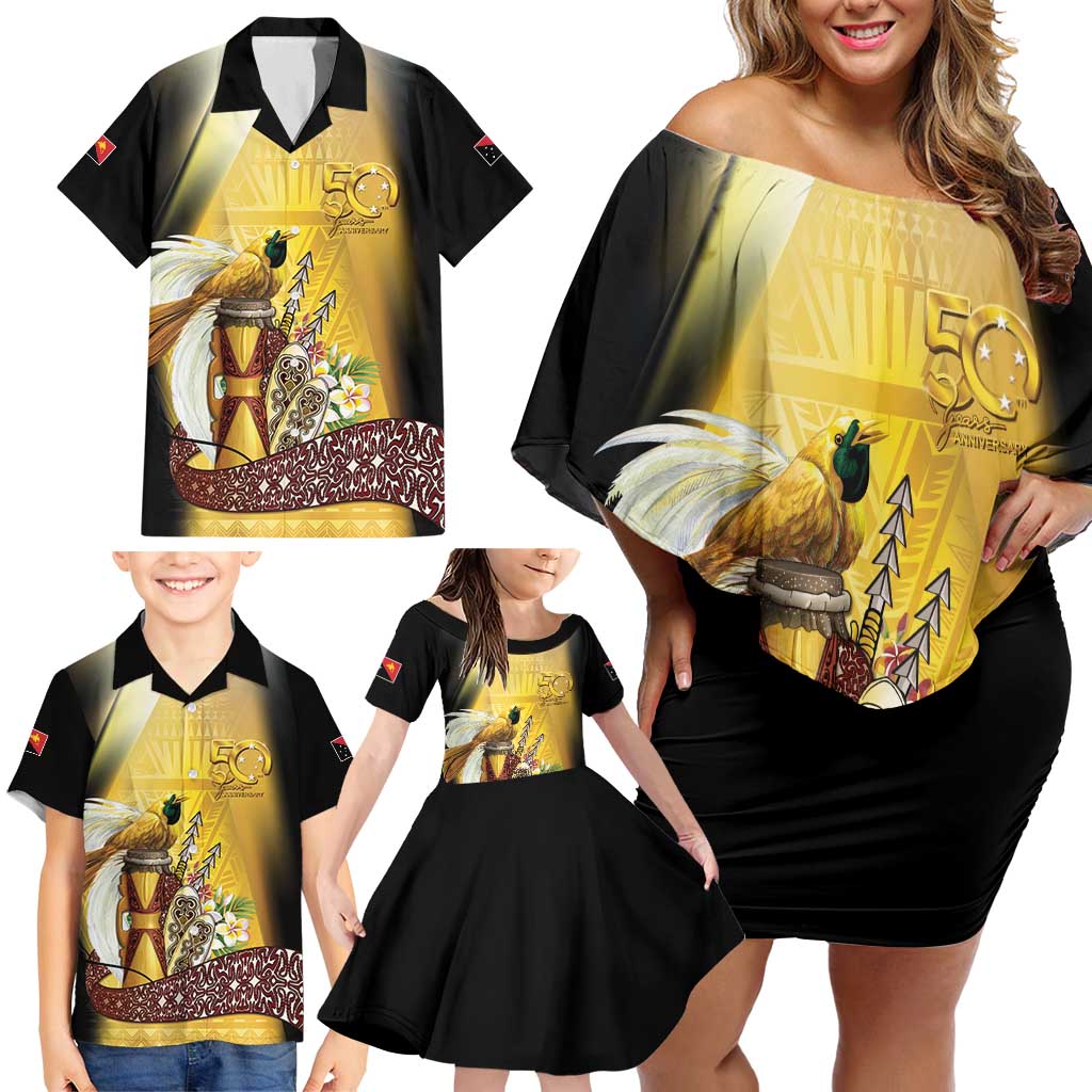 Papua New Guinea Family Matching Off Shoulder Short Dress and Hawaiian Shirt 50 Years Of Independence - Polynesian Pride