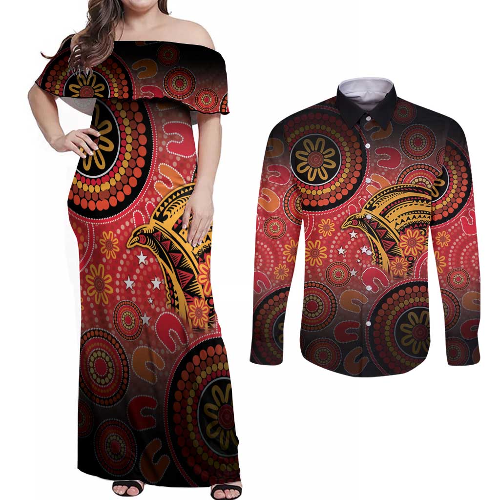 Papua New Guinea Couples Matching Off Shoulder Maxi Dress and Long Sleeve Button Shirt Birds Of Paradise With Aboriginal Pattern - Polynesian Pride