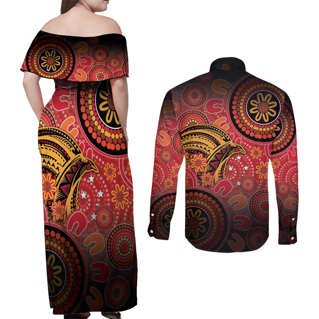 Papua New Guinea Couples Matching Off Shoulder Maxi Dress and Long Sleeve Button Shirt Birds Of Paradise With Aboriginal Pattern - Polynesian Pride