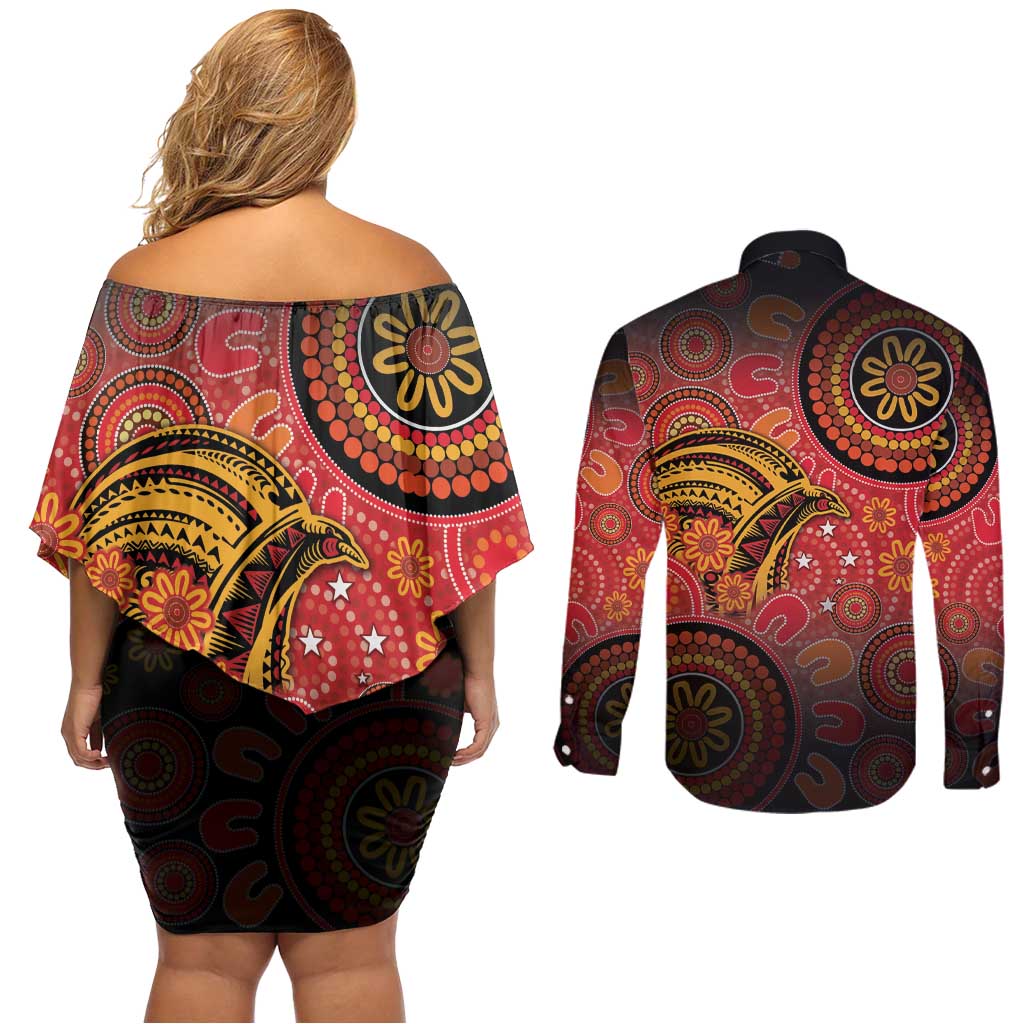 Papua New Guinea Couples Matching Off Shoulder Short Dress and Long Sleeve Button Shirt Birds Of Paradise With Aboriginal Pattern - Polynesian Pride