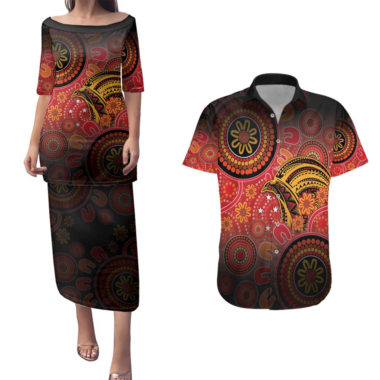 Papua New Guinea Couples Matching Puletasi and Hawaiian Shirt Birds Of Paradise With Aboriginal Pattern - Polynesian Pride