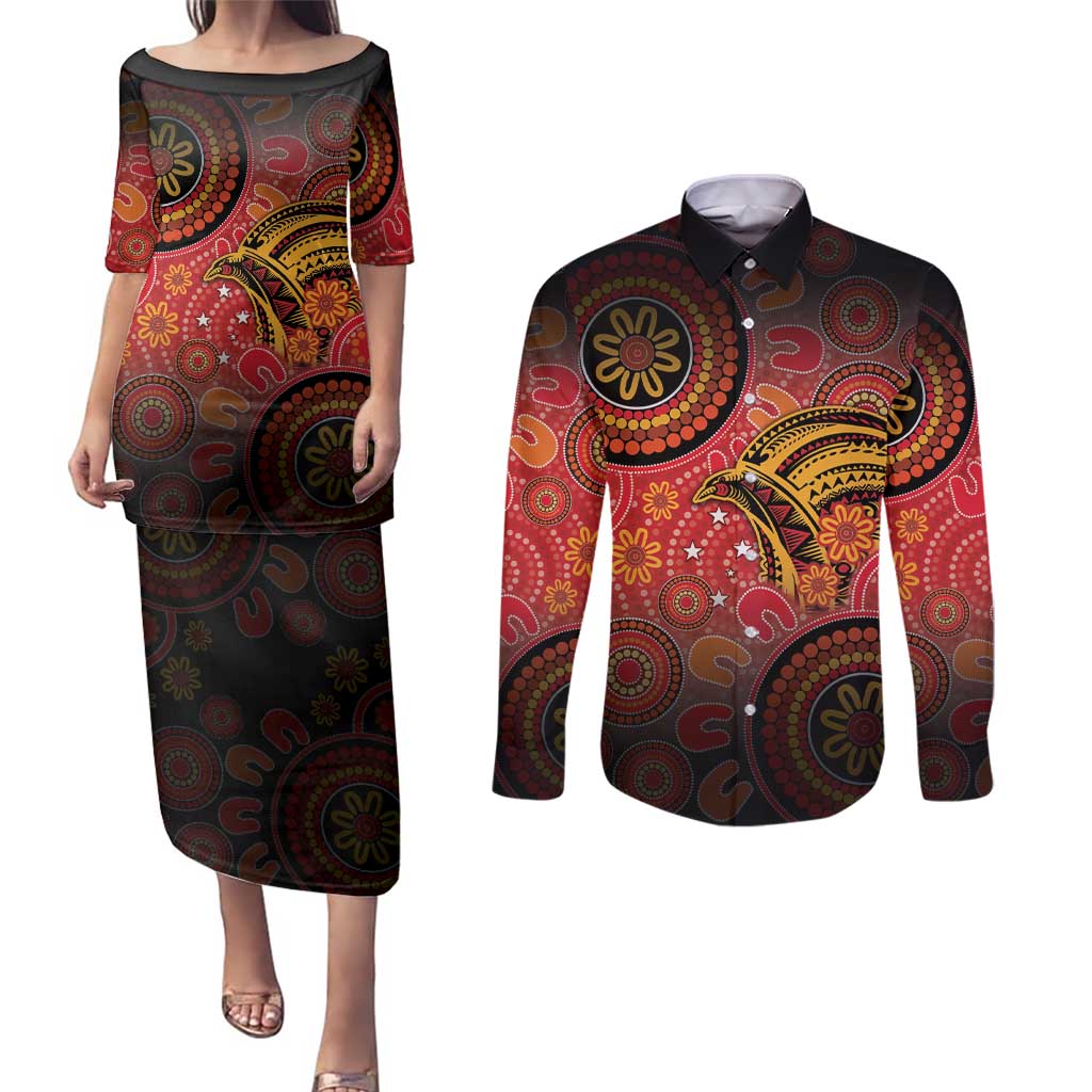 Papua New Guinea Couples Matching Puletasi and Long Sleeve Button Shirt Birds Of Paradise With Aboriginal Pattern - Polynesian Pride