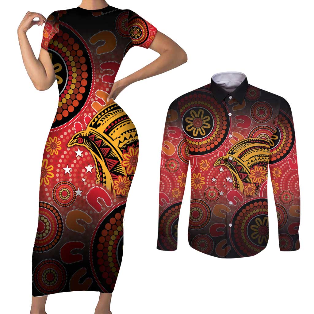 Papua New Guinea Couples Matching Short Sleeve Bodycon Dress and Long Sleeve Button Shirt Birds Of Paradise With Aboriginal Pattern - Polynesian Pride
