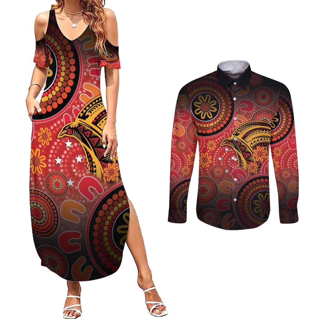 Papua New Guinea Couples Matching Summer Maxi Dress and Long Sleeve Button Shirt Birds Of Paradise With Aboriginal Pattern - Polynesian Pride