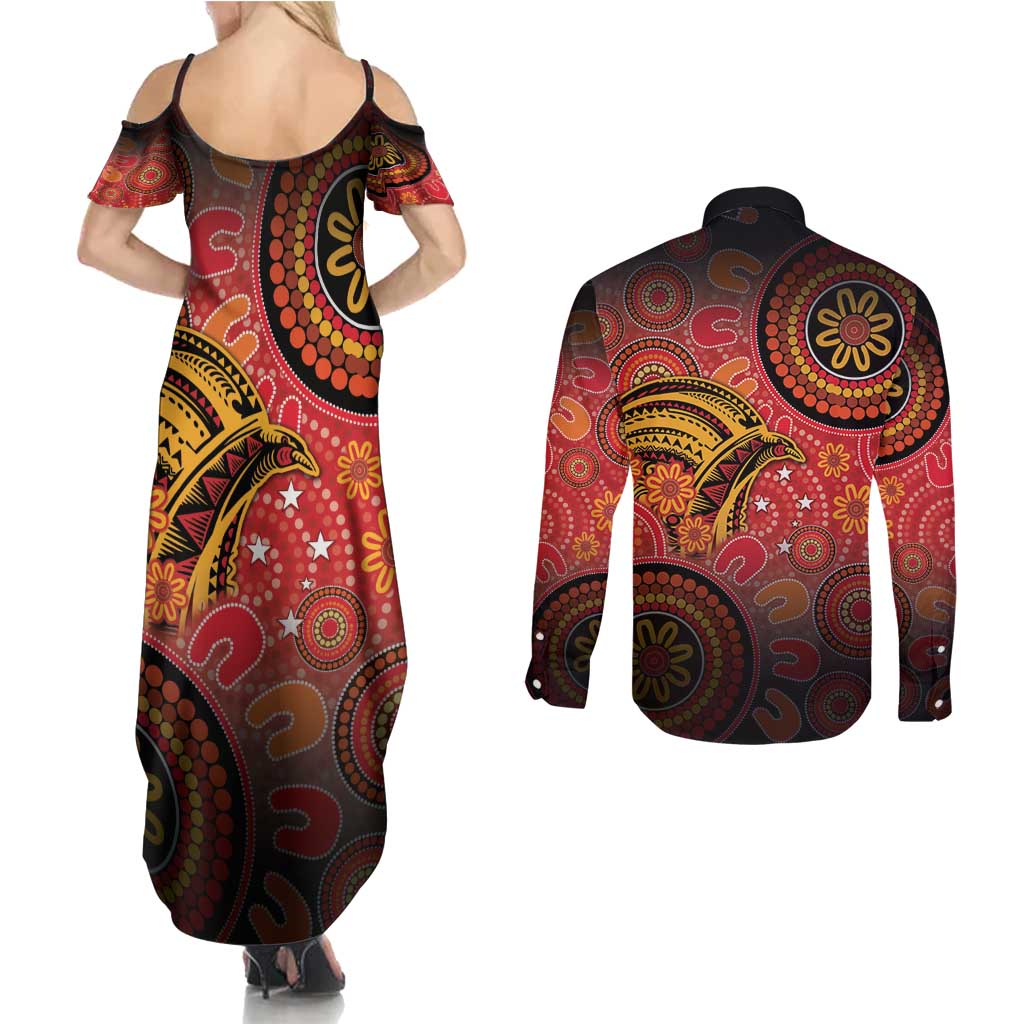 Papua New Guinea Couples Matching Summer Maxi Dress and Long Sleeve Button Shirt Birds Of Paradise With Aboriginal Pattern - Polynesian Pride
