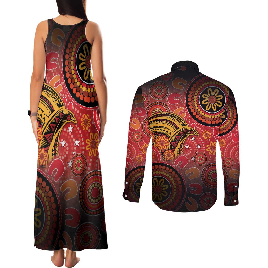 Papua New Guinea Couples Matching Tank Maxi Dress and Long Sleeve Button Shirt Birds Of Paradise With Aboriginal Pattern - Polynesian Pride