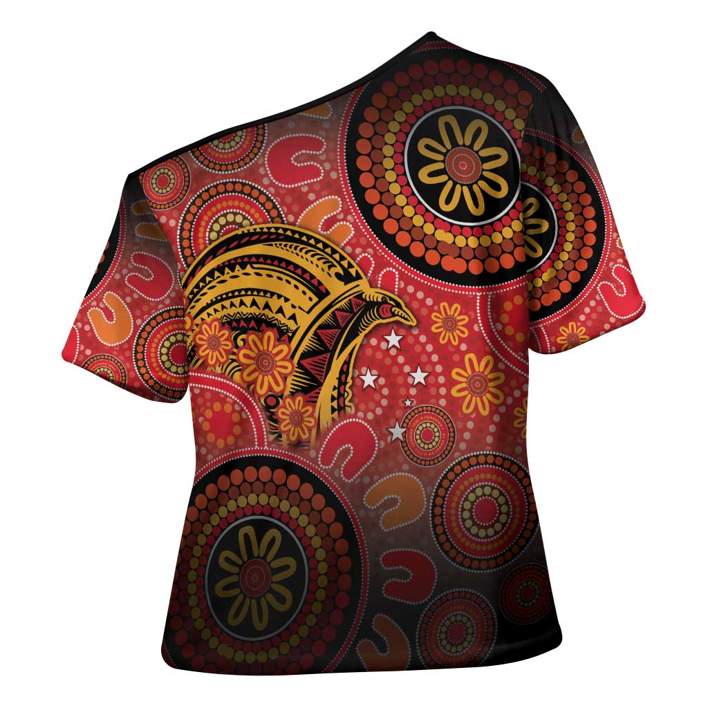 Papua New Guinea Cross Shoulder Shirt Birds Of Paradise With Aboriginal Pattern - Polynesian Pride