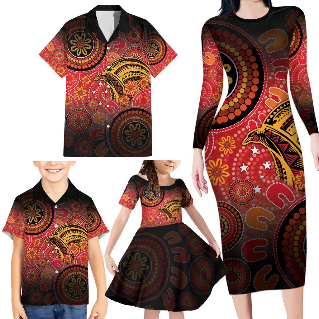 Papua New Guinea Family Matching Long Sleeve Bodycon Dress and Hawaiian Shirt Birds Of Paradise With Aboriginal Pattern - Polynesian Pride