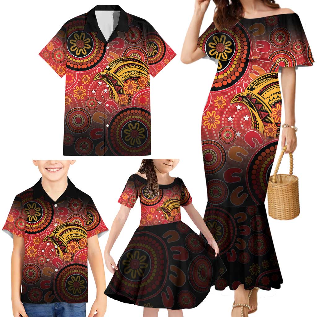 Papua New Guinea Family Matching Mermaid Dress and Hawaiian Shirt Birds Of Paradise With Aboriginal Pattern - Polynesian Pride