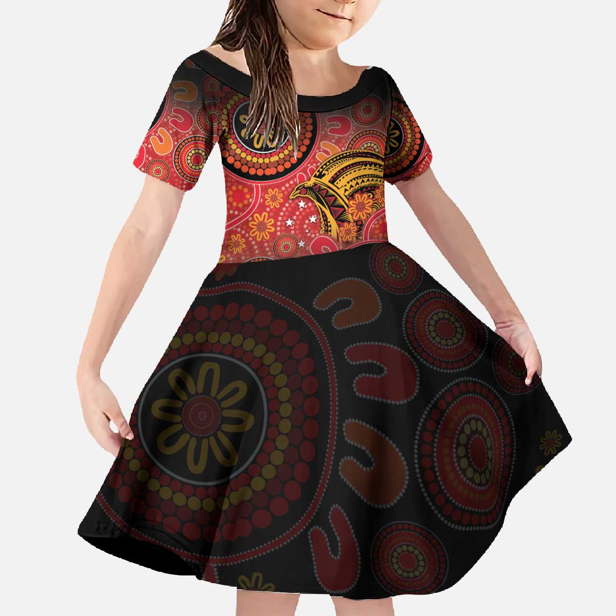 Papua New Guinea Family Matching Off The Shoulder Long Sleeve Dress and Hawaiian Shirt Birds Of Paradise With Aboriginal Pattern - Polynesian Pride