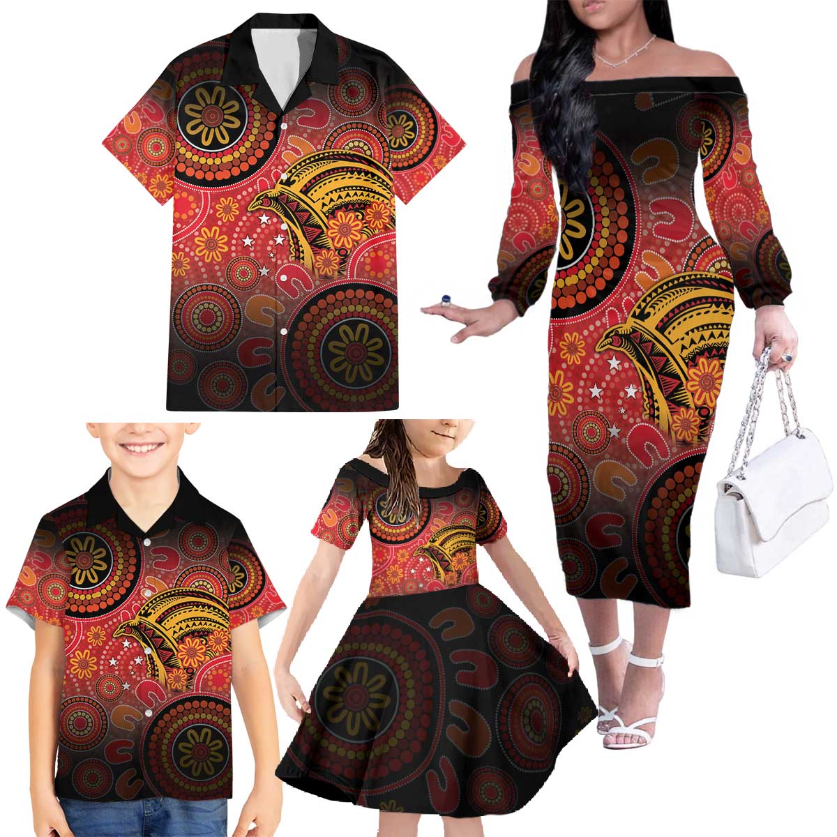 Papua New Guinea Family Matching Off The Shoulder Long Sleeve Dress and Hawaiian Shirt Birds Of Paradise With Aboriginal Pattern - Polynesian Pride