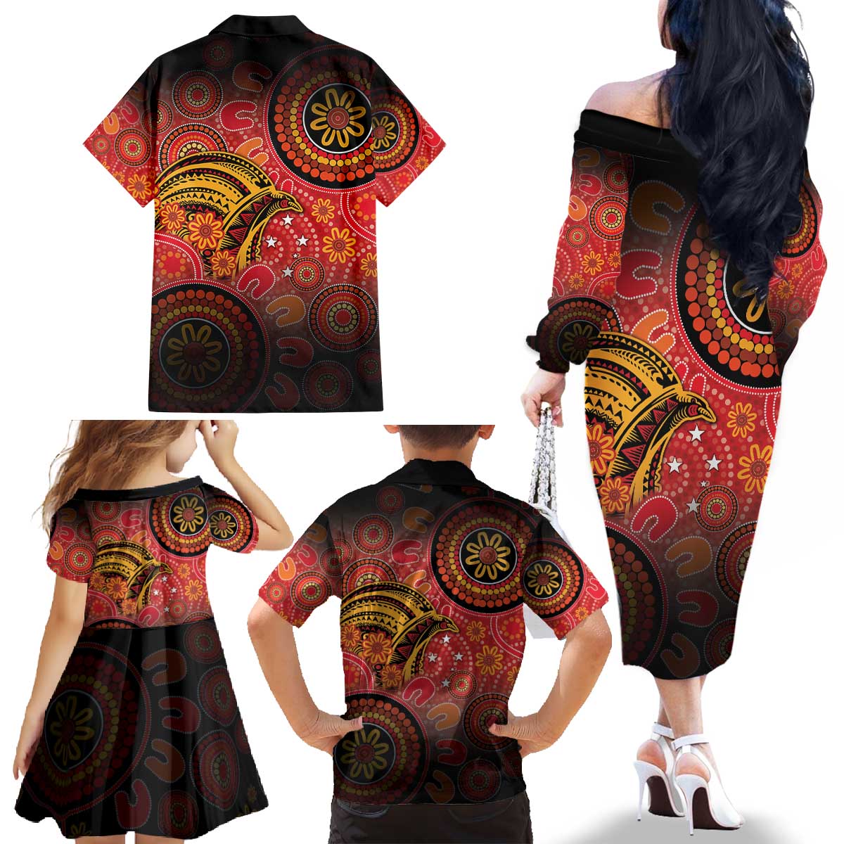 Papua New Guinea Family Matching Off The Shoulder Long Sleeve Dress and Hawaiian Shirt Birds Of Paradise With Aboriginal Pattern - Polynesian Pride