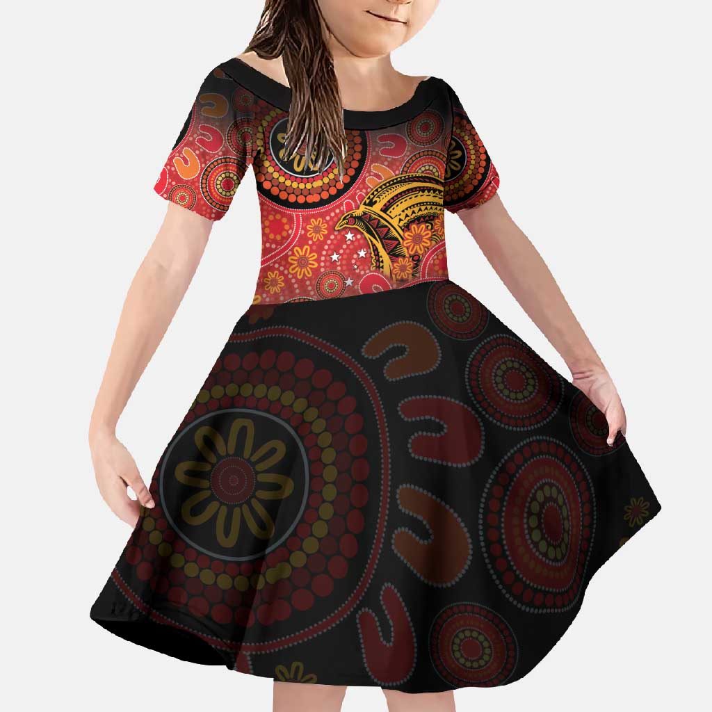 Papua New Guinea Family Matching Short Sleeve Bodycon Dress and Hawaiian Shirt Birds Of Paradise With Aboriginal Pattern LT05 Daughter's Dress Red - Polynesian Pride