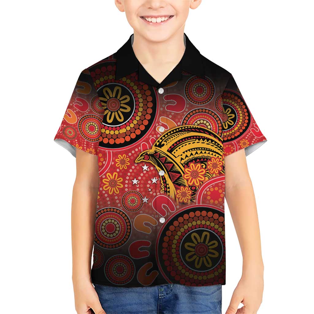Papua New Guinea Family Matching Short Sleeve Bodycon Dress and Hawaiian Shirt Birds Of Paradise With Aboriginal Pattern LT05 Son's Shirt Red - Polynesian Pride