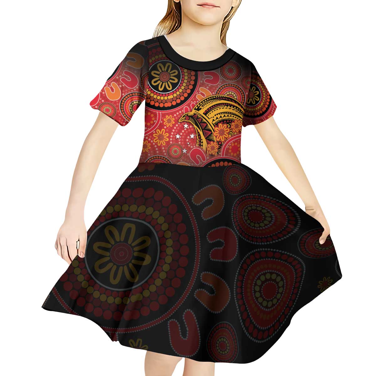 Papua New Guinea Kid Short Sleeve Dress Birds Of Paradise With Aboriginal Pattern - Polynesian Pride