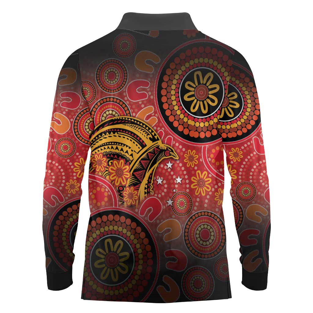 Papua New Guinea Long Sleeve Polo Shirt Birds Of Paradise With Aboriginal Pattern - Polynesian Pride