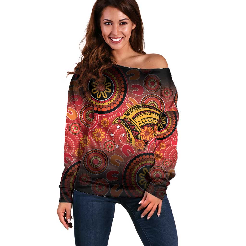 Papua New Guinea Off Shoulder Sweater Birds Of Paradise With Aboriginal Pattern - Polynesian Pride