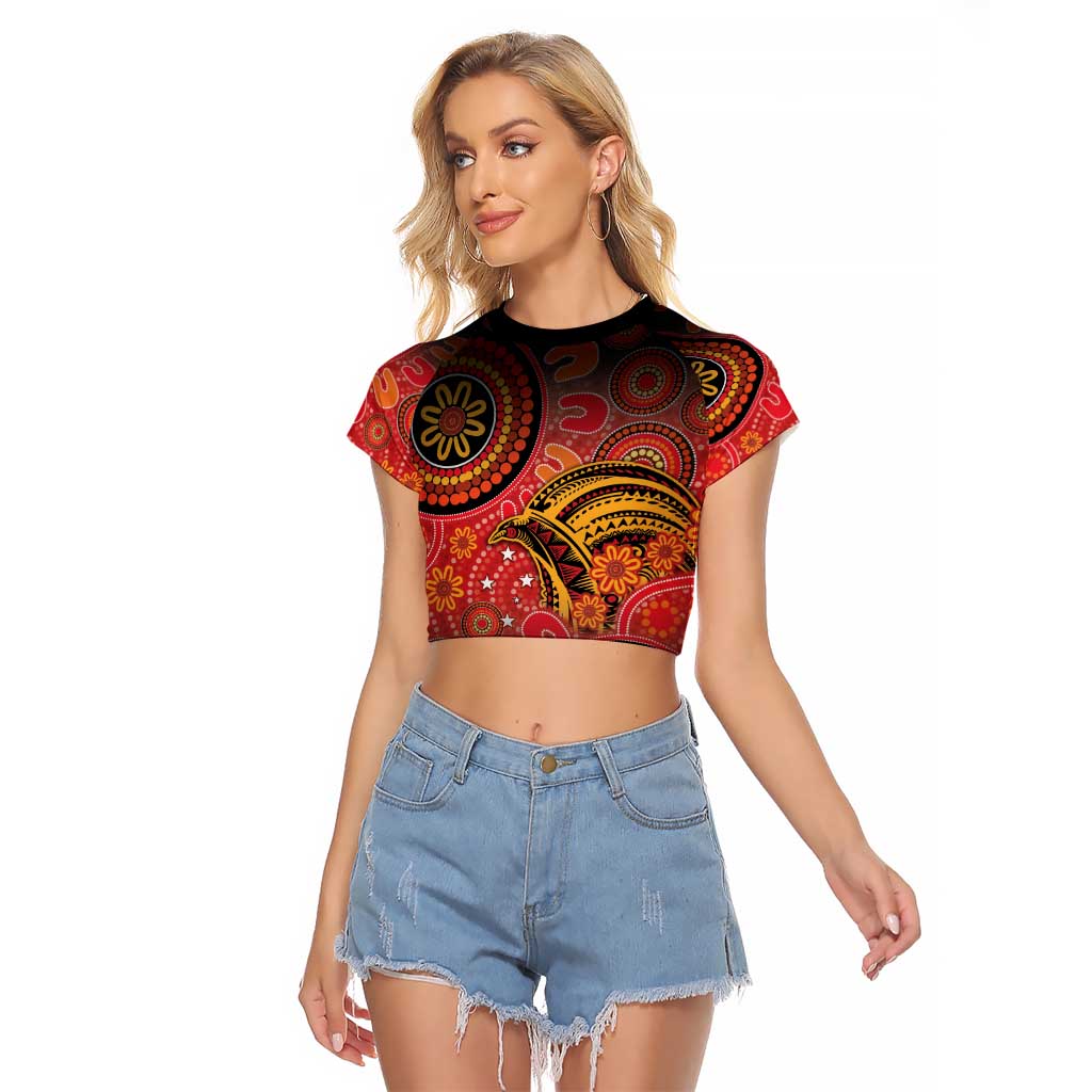 Papua New Guinea Raglan Cropped T Shirt Birds Of Paradise With Aboriginal Pattern - Polynesian Pride