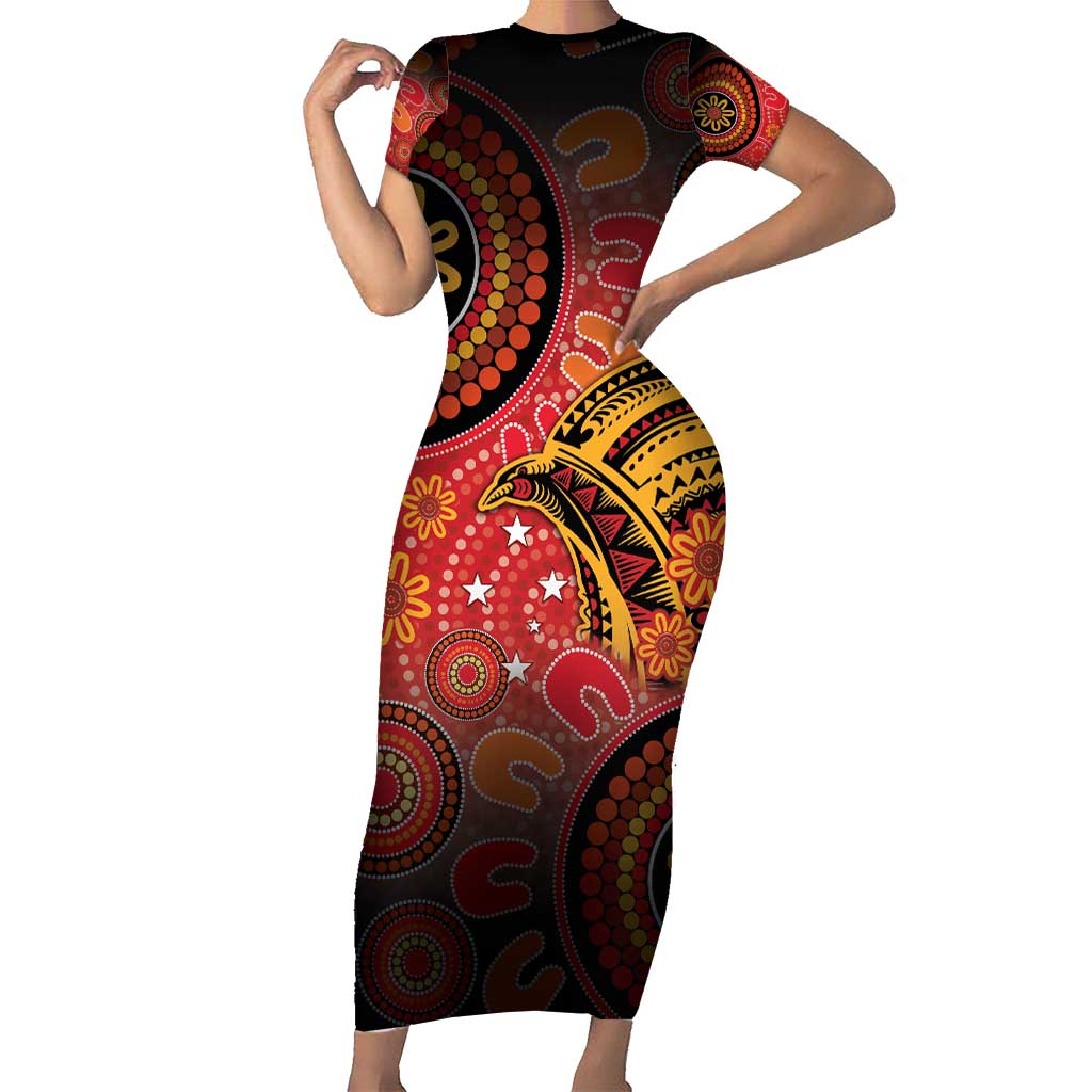 Papua New Guinea Short Sleeve Bodycon Dress Birds Of Paradise With Aboriginal Pattern - Polynesian Pride