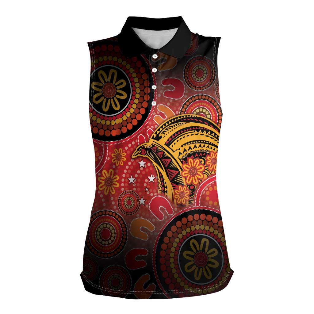 Papua New Guinea Women Sleeveless Polo Shirt Birds Of Paradise With Aboriginal Pattern - Polynesian Pride
