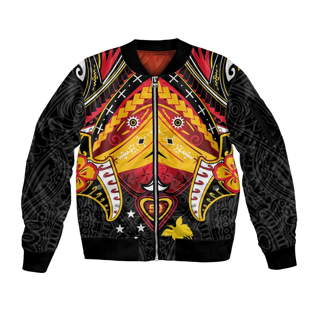 Papua New Guinea Independence Day Sleeve Zip Bomber Jacket Tribal Mask - Polynesian Pride
