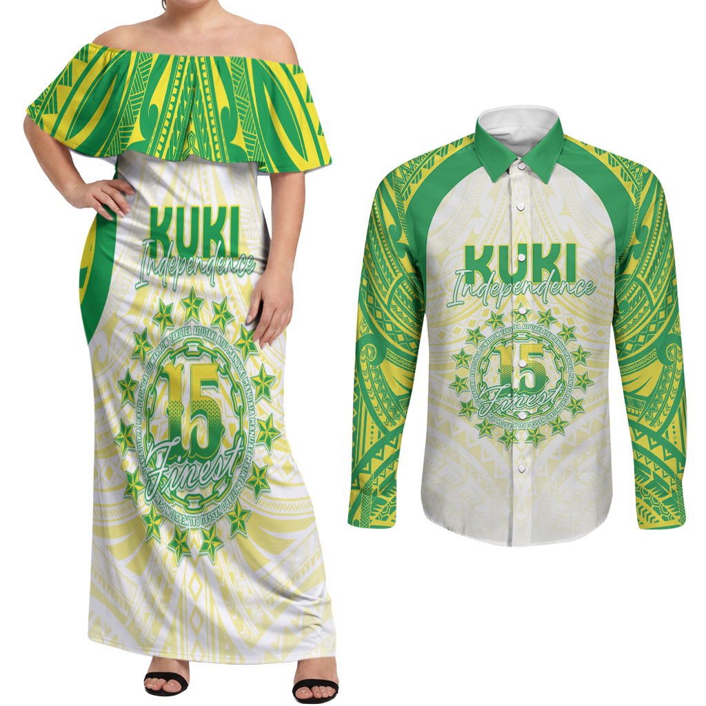 Kuki Independence 2026 Couples Matching Off Shoulder Maxi Dress and Long Sleeve Button Shirt Cook Islands 15 Finest White Version LT05 White - Polynesian Pride