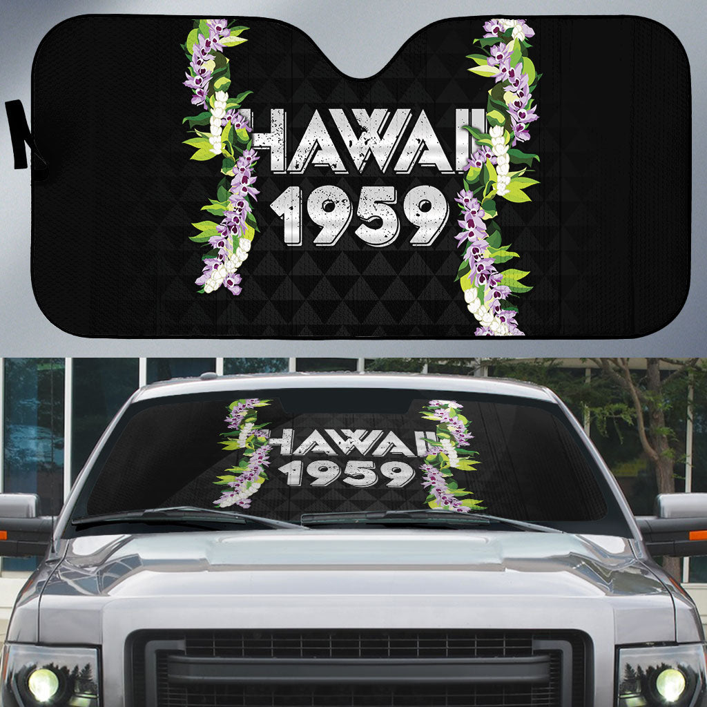 Hawaii Statehood Day Auto Sun Shade Kakau Pattern With Maile Pikake Honohono Lei LT05 Black - Polynesian Pride